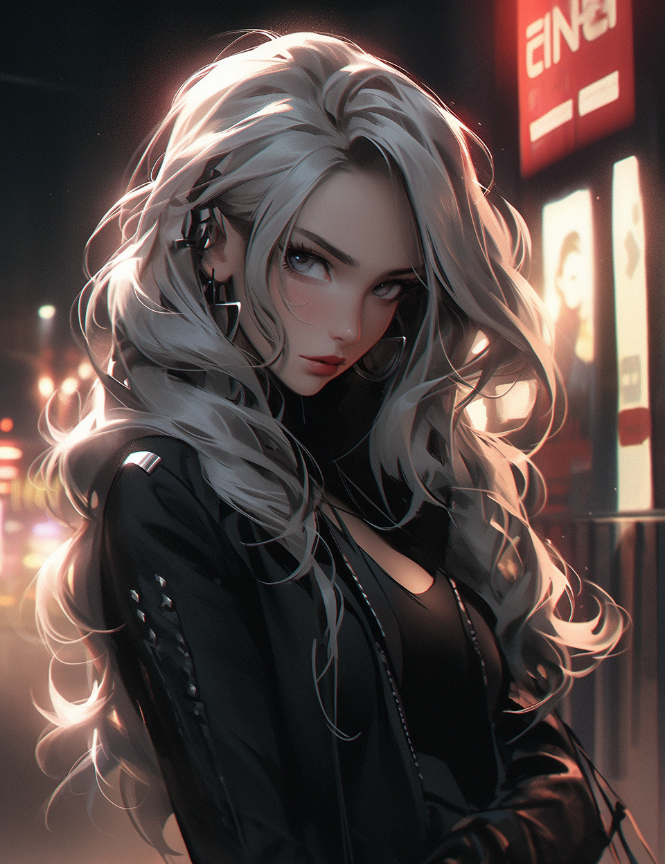 Midjourney prompt: an image of a woman in black leather near a neon s... - Midjourney
