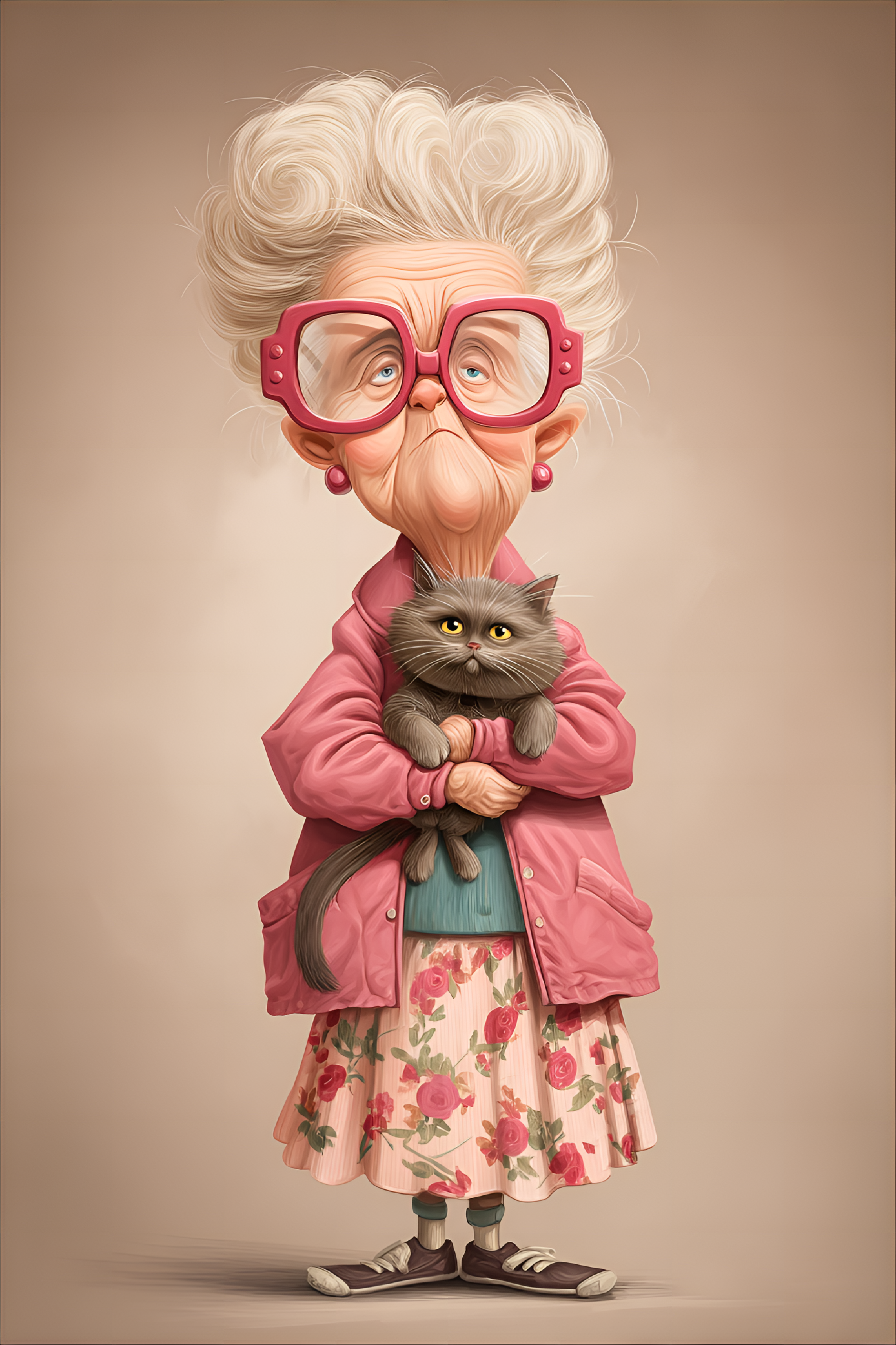 AI generated: Midjourney prompt: funny caricature, elderly lady with cat caricature... (Midjourney - Animals & Nature)