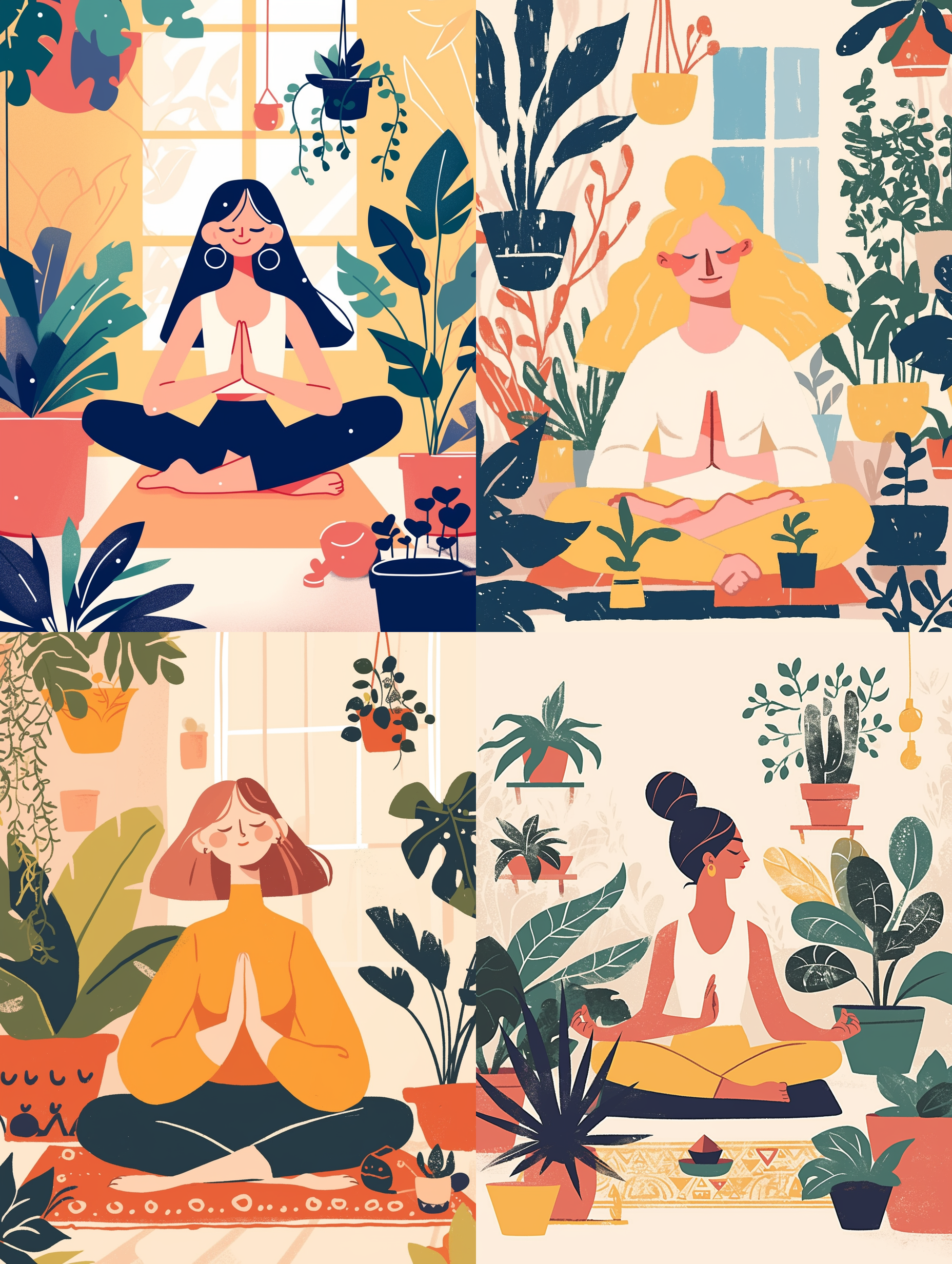 Midjourney prompt: A flat illustration of a lady doing meditating, wi... - Midjourney