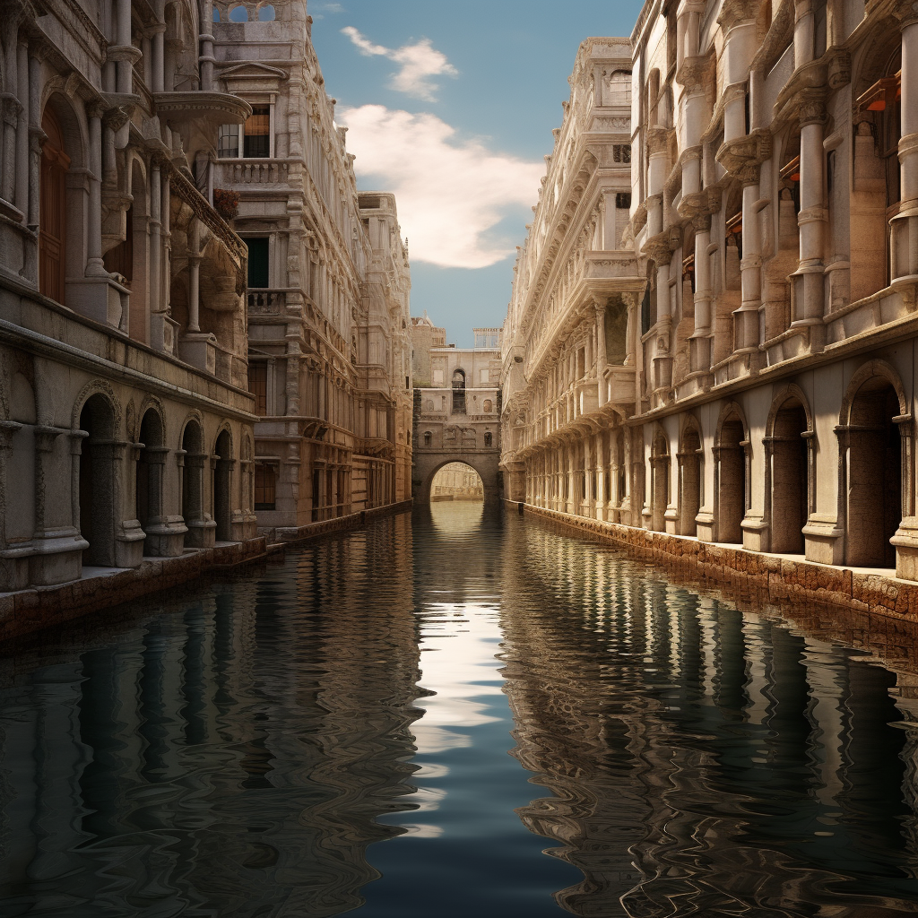 Midjourney prompt: venice's aqueduct on day with reflection of light,... - Midjourney