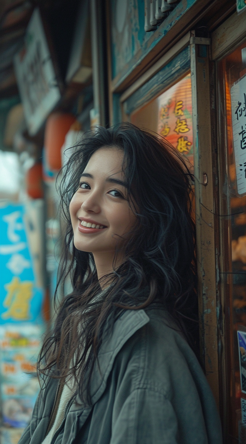 AI generated: Midjourney prompt: a smiling woman standing in front of a shop, in th... (Midjourney - Photography)
