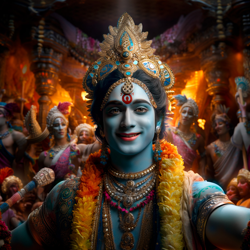 Midjourney prompt: selfie, krishna with many gods of india, beautiful... - Midjourney