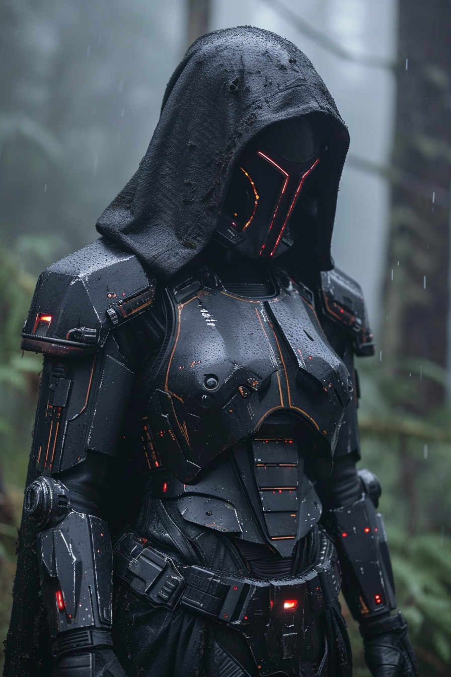 AI generated: Midjourney prompt: a close up of a person in armor in a forest, cyber... (Midjourney - Portraits)