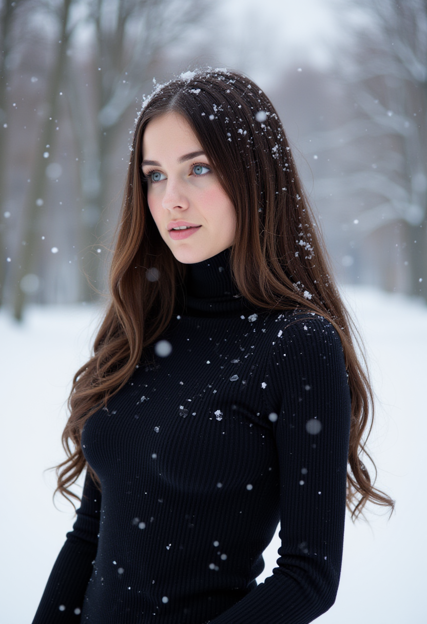صورة مولدة بالذكاء الاصطناعي: FLUX prompt: a woman stands outside in a snowstorm, her long br... (نموذج FLUX - تصوير فوتوغرافي)