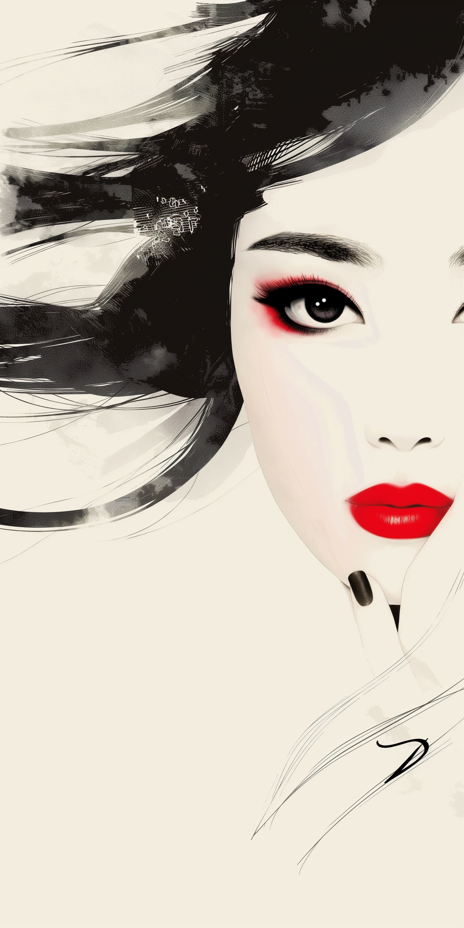 Midjourney prompt: ink painting of a Korean woman, 25-30 years old, A... - Midjourney