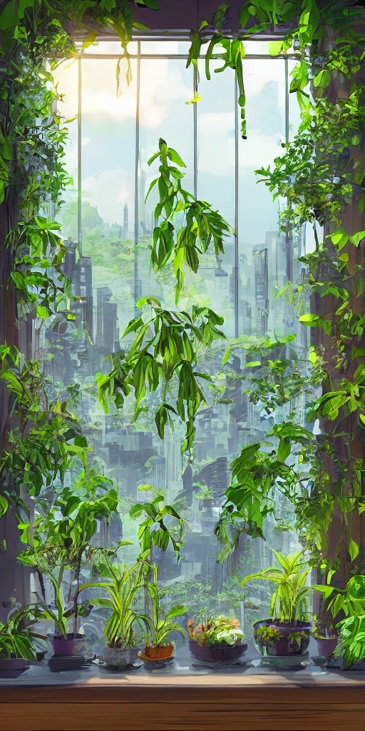 Stable Diffusion prompt: lush solarpunk windowsill with p...
