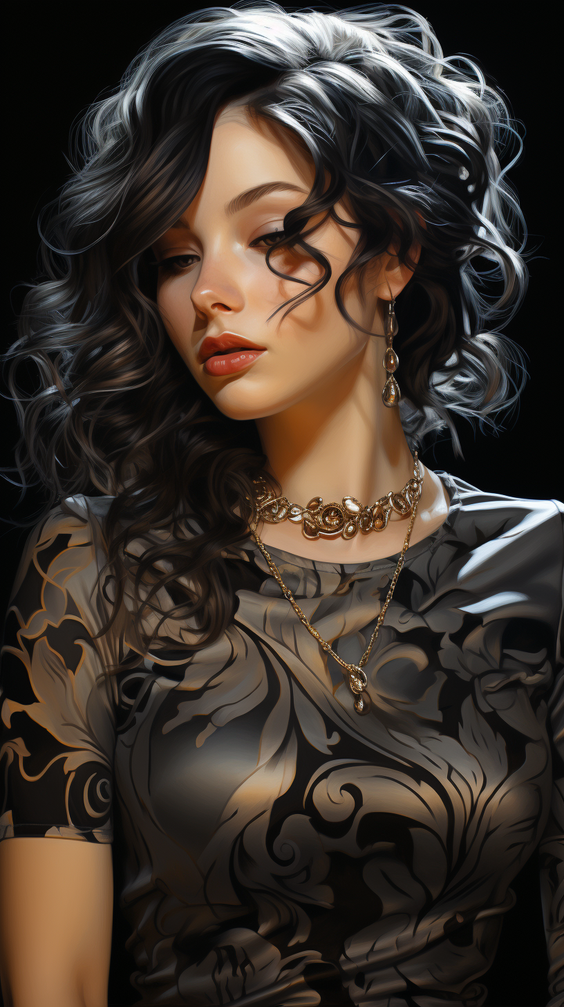 صورة مولدة بالذكاء الاصطناعي: Midjourney prompt: a woman in silver and black with a large tattoo on... (نموذج Midjourney - صور شخصية)