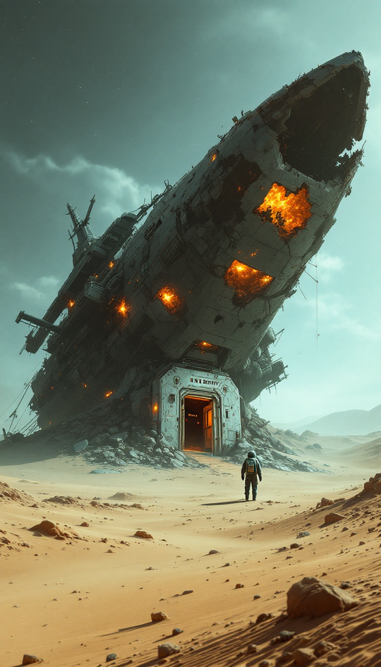 FLUX prompt: On a vast, sandy planet, a large, damaged starship... - FLUX