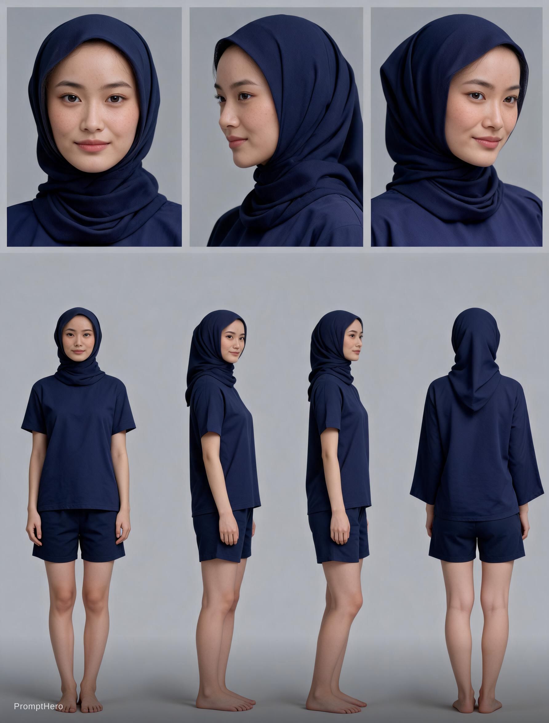 AI generated: Seedream 5 prompt: Create a realistic DSLR character sheet on a grey ... (Seedream 5 - Portraits)