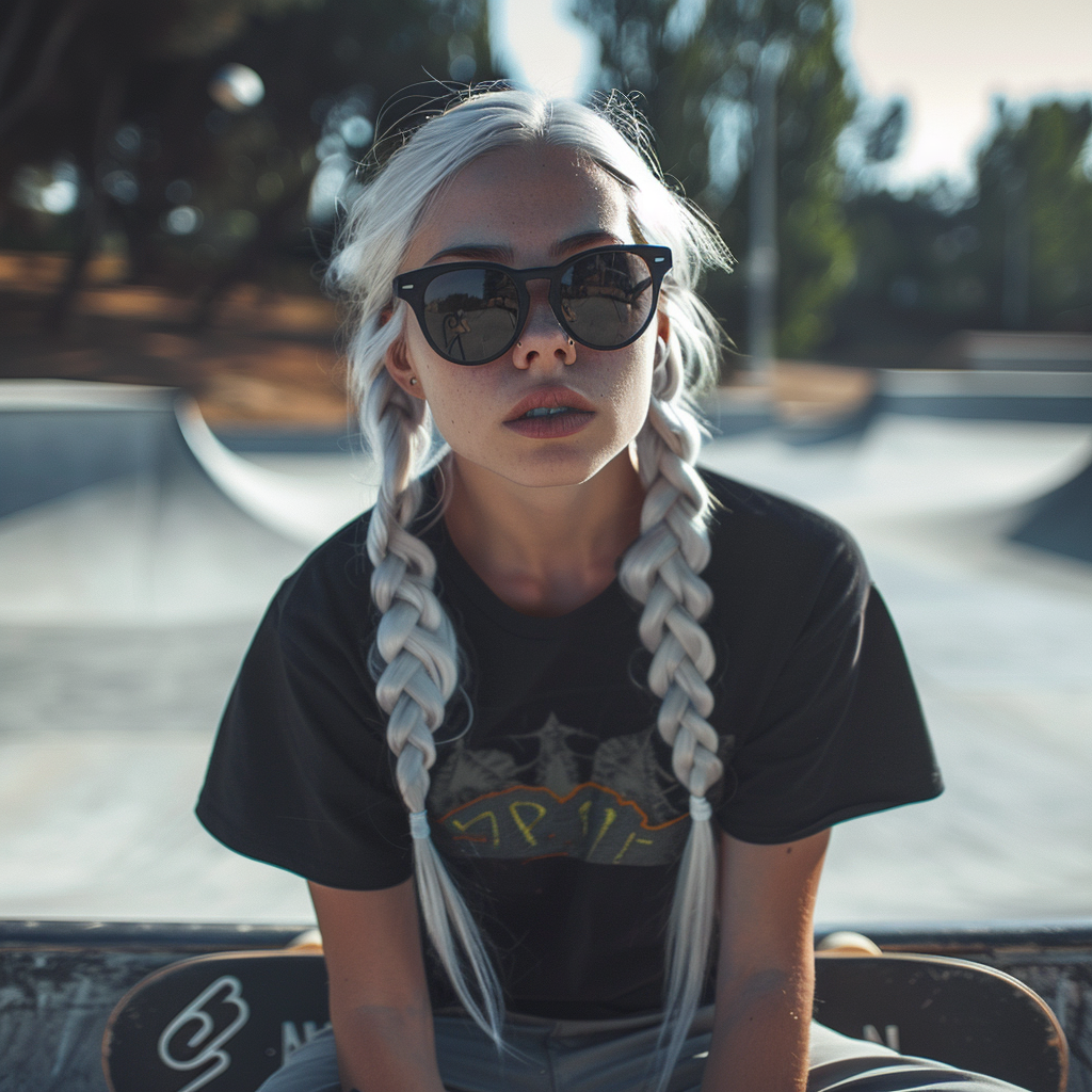 AI generated: Midjourney prompt: girl with white hair, braided, wearing large sungl... (Midjourney - Photography)