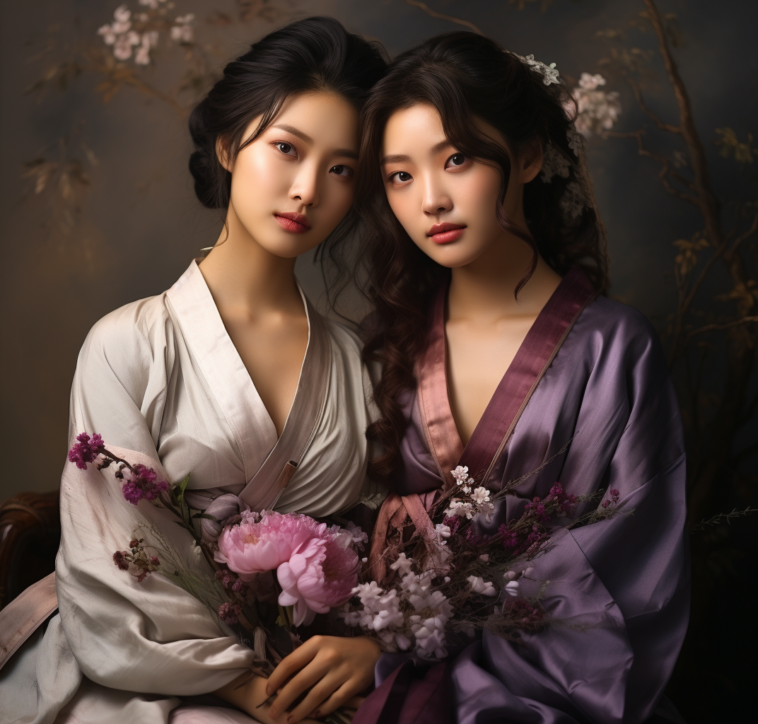 Midjourney prompt: seo hidae and her girlfriend in the purple dress, ... - Midjourney