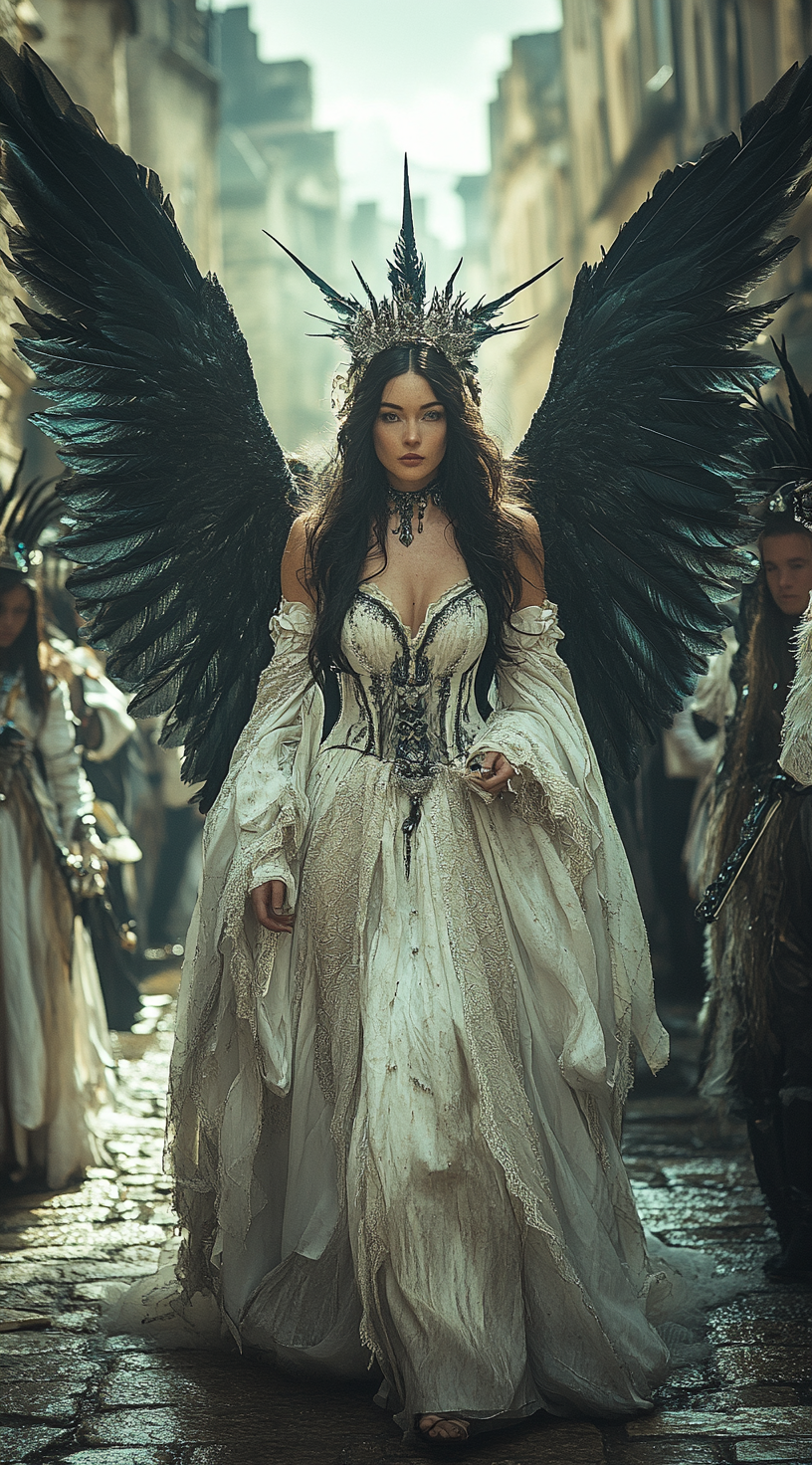 Midjourney prompt: Full-body shot of an angelic woman with black wing... - Midjourney