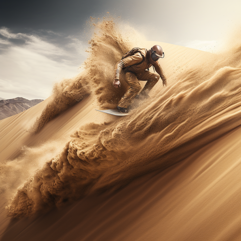 AI generated: Midjourney prompt: A surfer riding a mountain of sand, in the style o... (Midjourney - Photography)