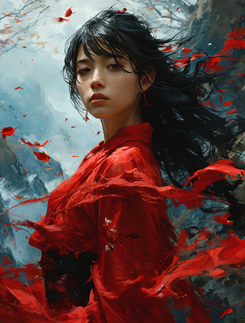 AI generated: Midjourney prompt: an anime girl in red with long hair, in the style ... (Midjourney - Portraits)