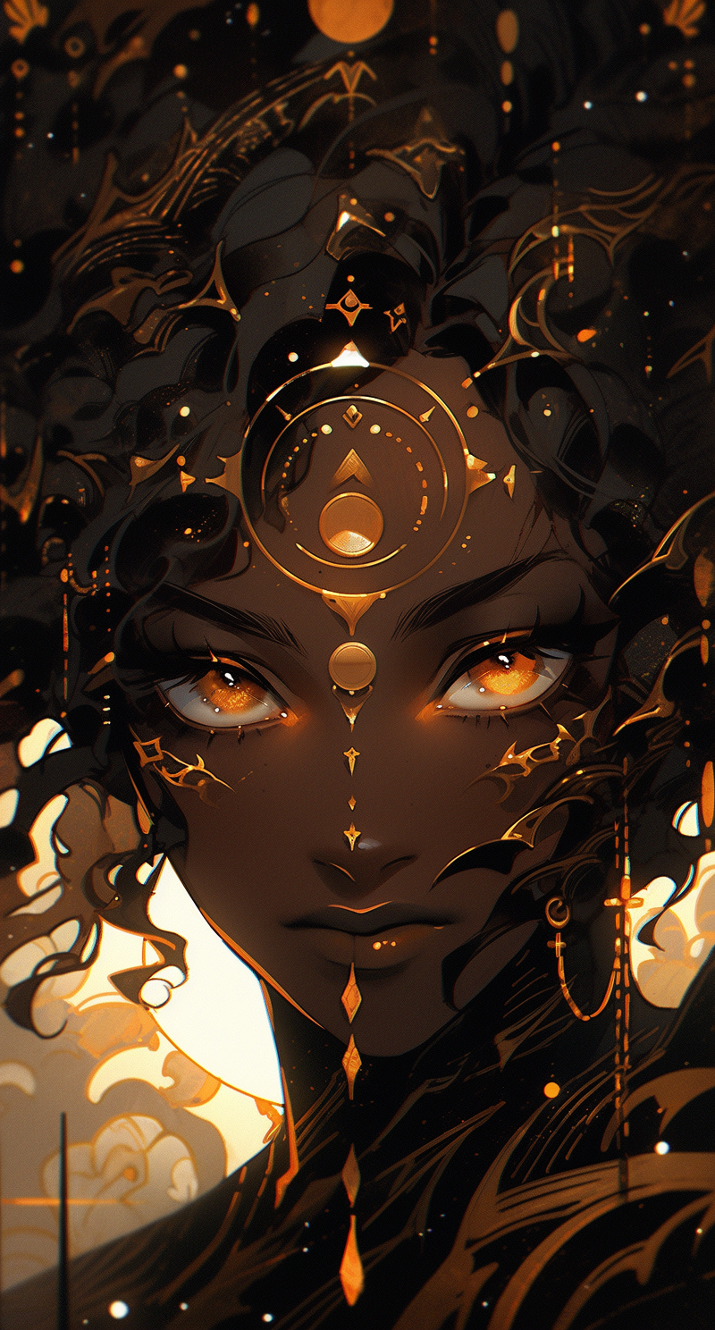 صورة مولدة بالذكاء الاصطناعي: Midjourney prompt: a black woman with the sun in her eye on her right... (نموذج Midjourney - صور شخصية)