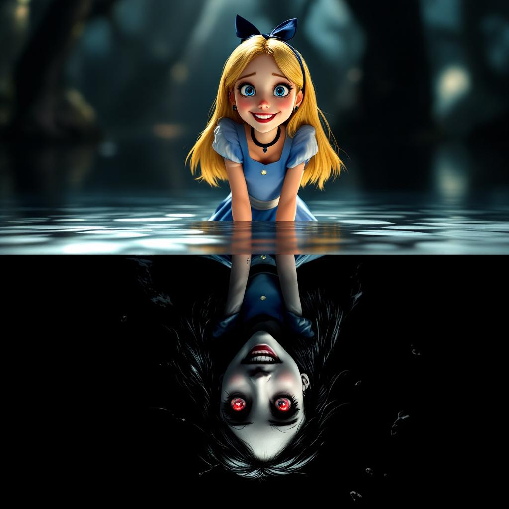 FLUX prompt: Sharp contrast, top: Alice from 'Alice in Wo...