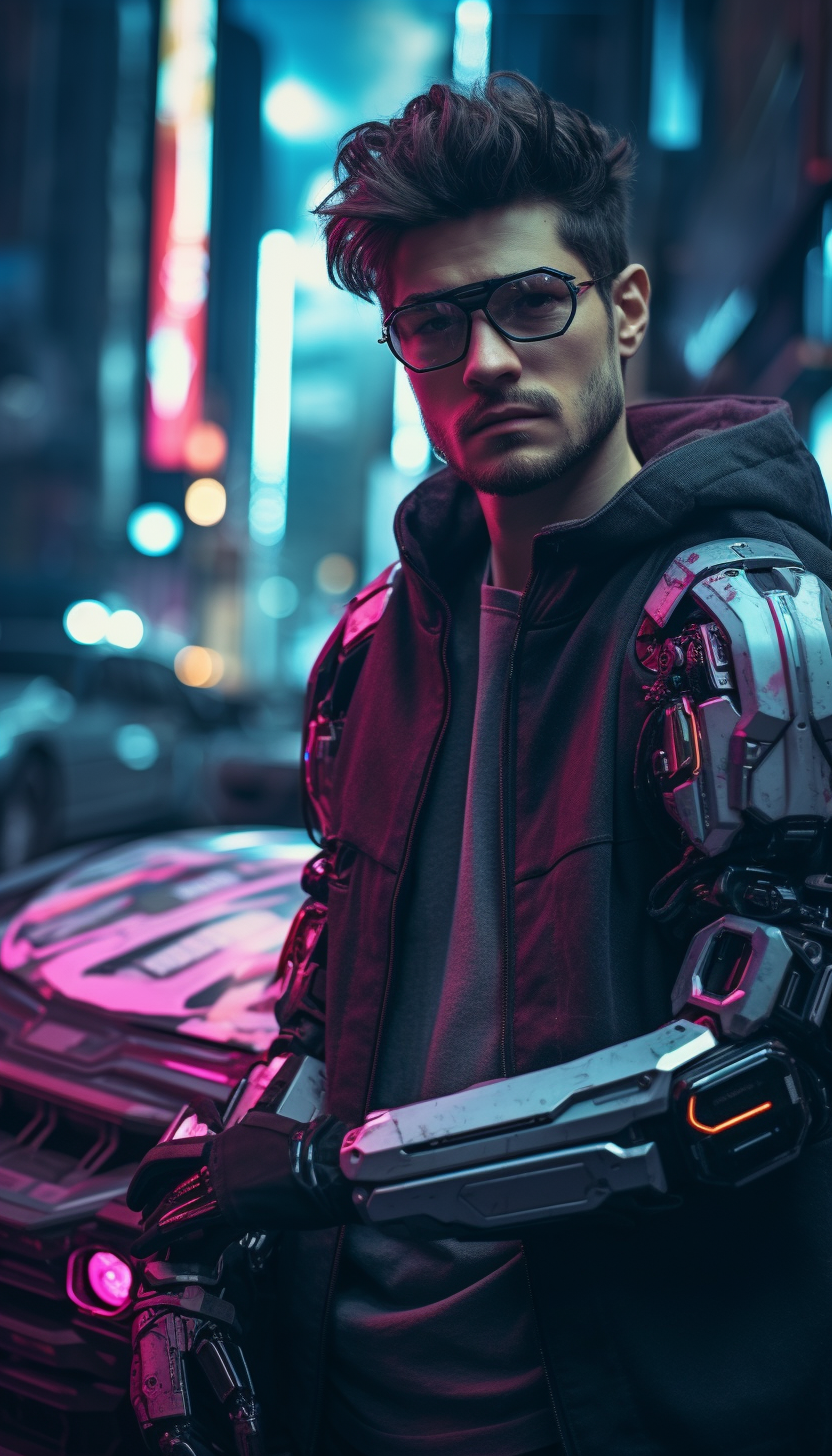 Midjourney prompt: realistic photo / of a yung man / a robotic arm / ... - Midjourney