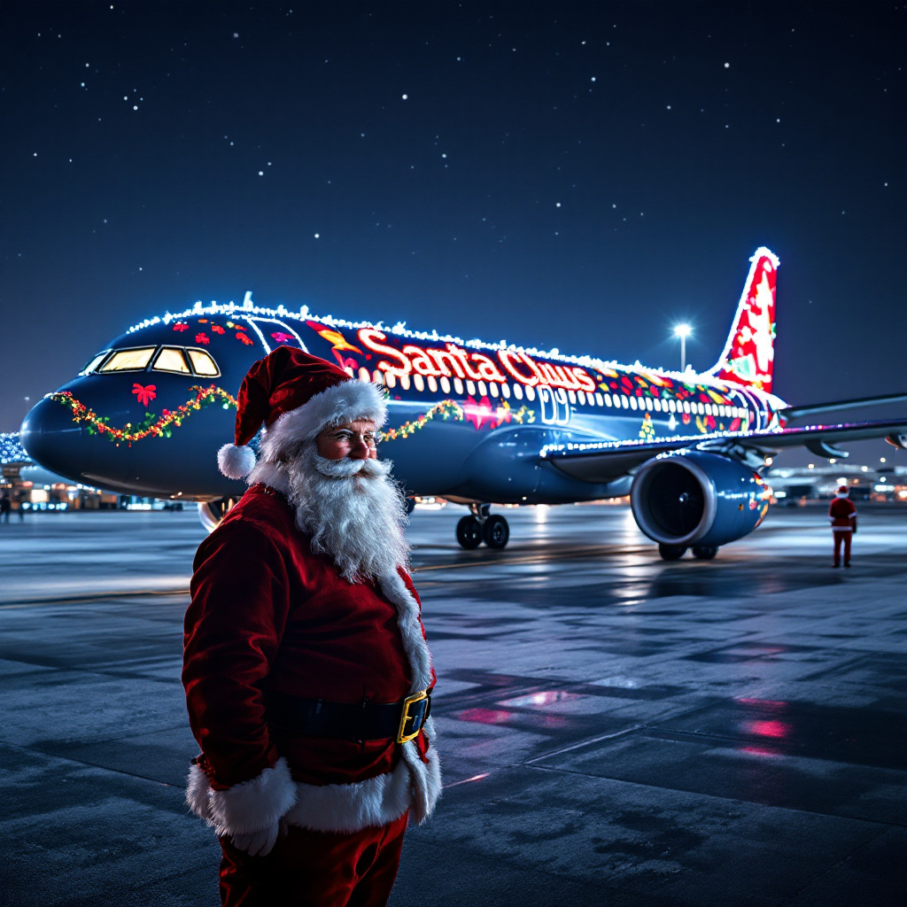 صورة مولدة بالذكاء الاصطناعي: FLUX prompt: Santa Claus airline , show their Airbus A320 airl... (نموذج FLUX - فن مفاهيمي)