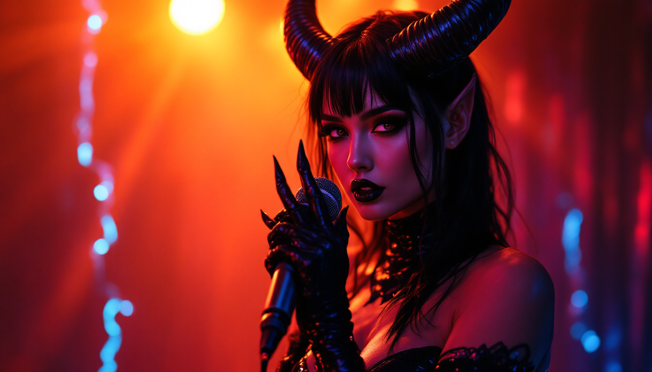 FLUX prompt: portrait of a female red demon, gazing down ...