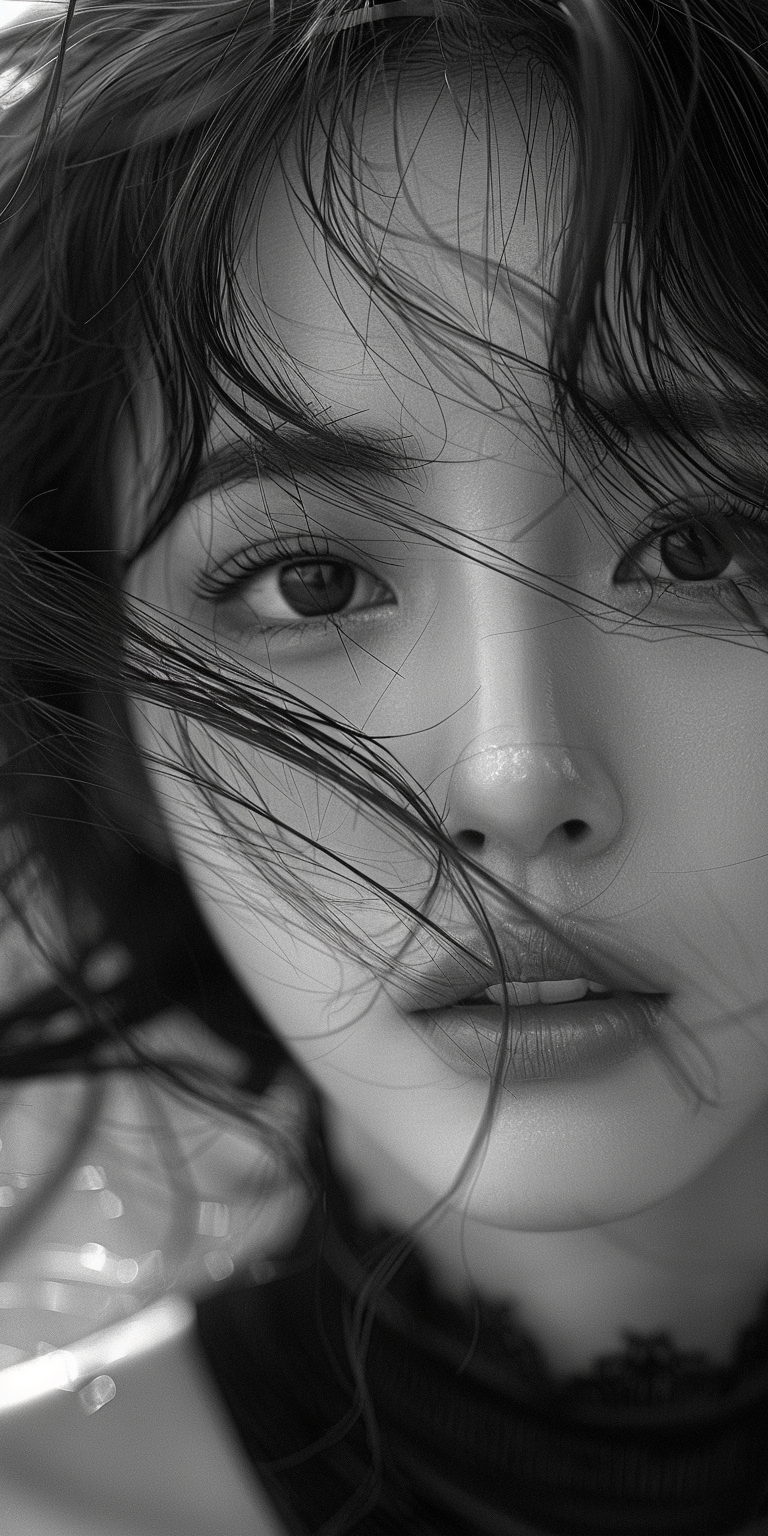 Midjourney prompt: Beautiful Korean woman with hair blowing in the wi... - Midjourney