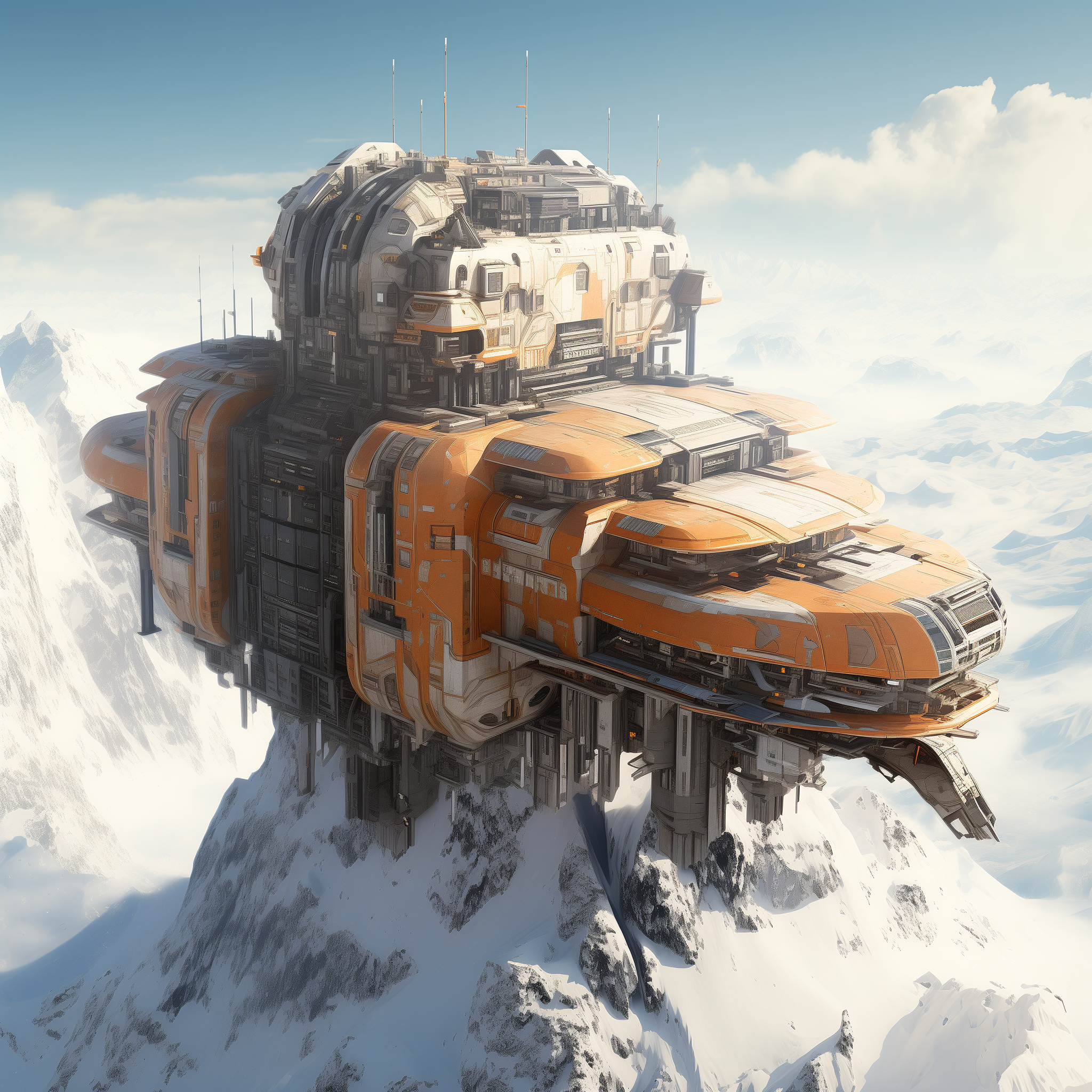 صورة مولدة بالذكاء الاصطناعي: Midjourney prompt: futuristic spaceship floating in snow and ice, ora... (نموذج Midjourney - فن مفاهيمي)
