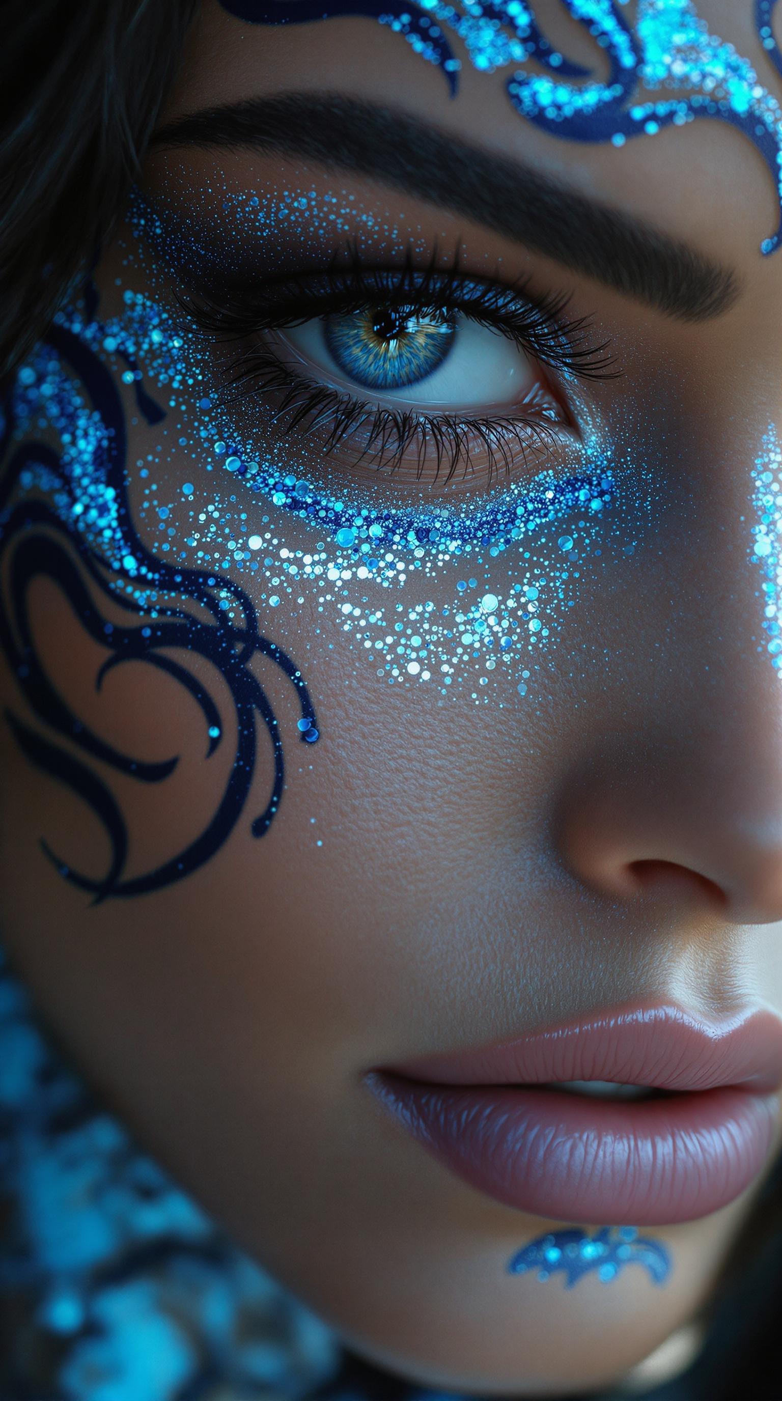 FLUX prompt: fantasy dragon queen, shiny blue tattoos in face, ... - FLUX