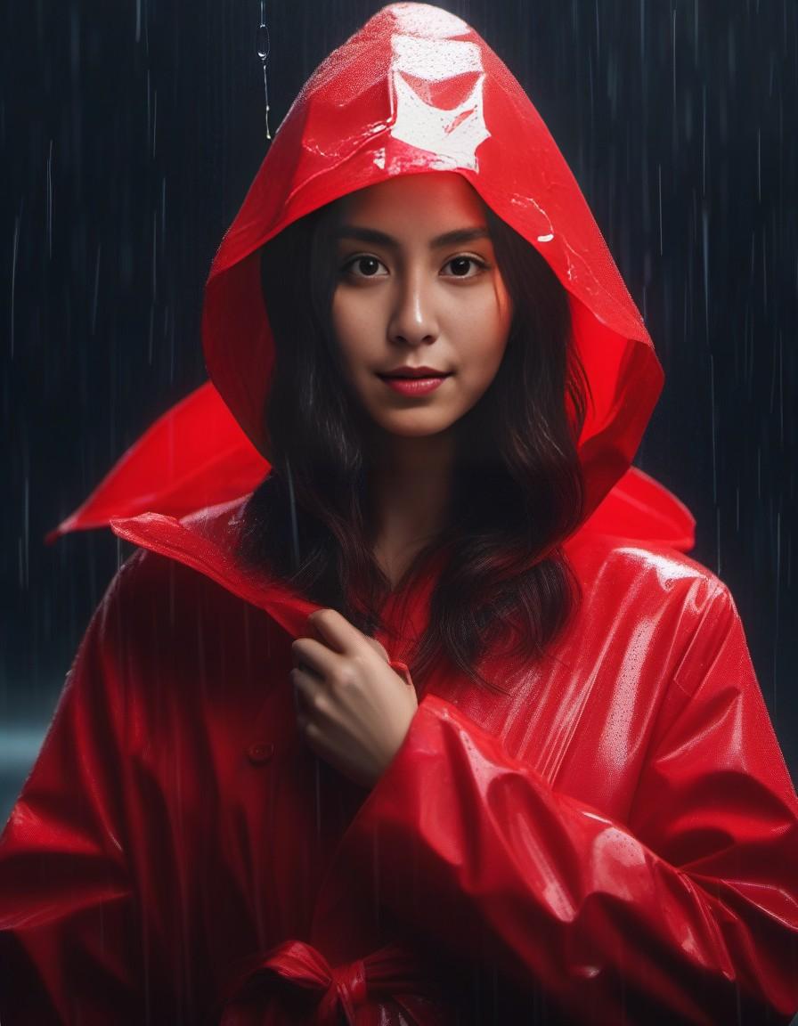 Midjourney prompt: a woman in a red raincoat standing in the rain, a ... - Midjourney