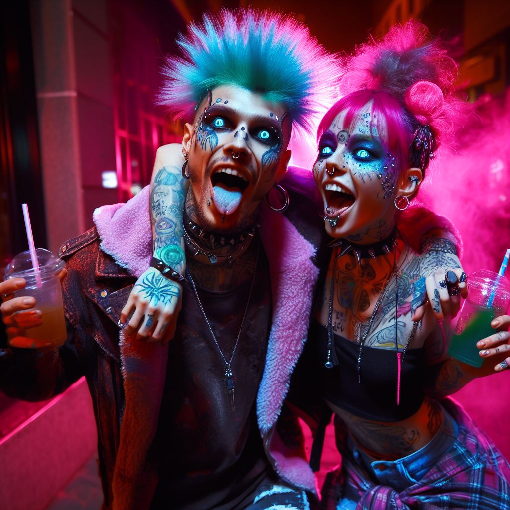 AI generated: DALL·E prompt: Deux amies punk rock s'amusent dans la rue, profit... (DALL·E - Photography)