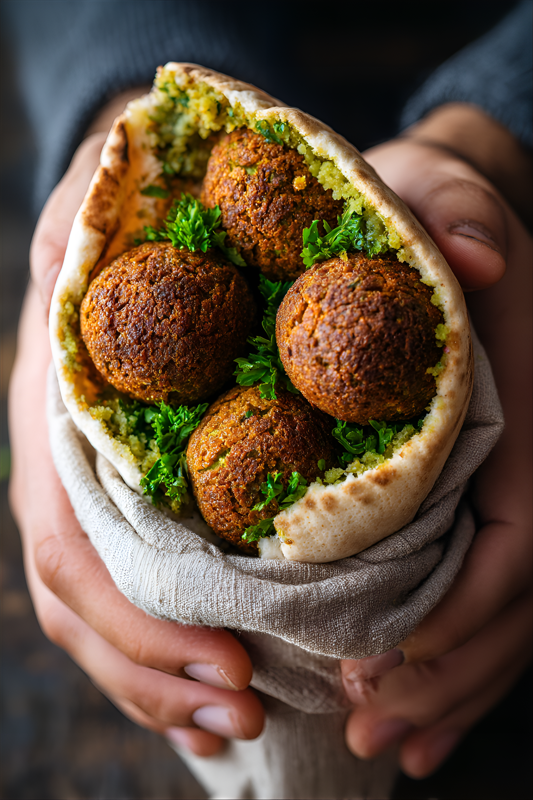 صورة مولدة بالذكاء الاصطناعي: Midjourney prompt: falafel in a pita pocket, held in hands, crispy b... (نموذج Midjourney - فن مفاهيمي)