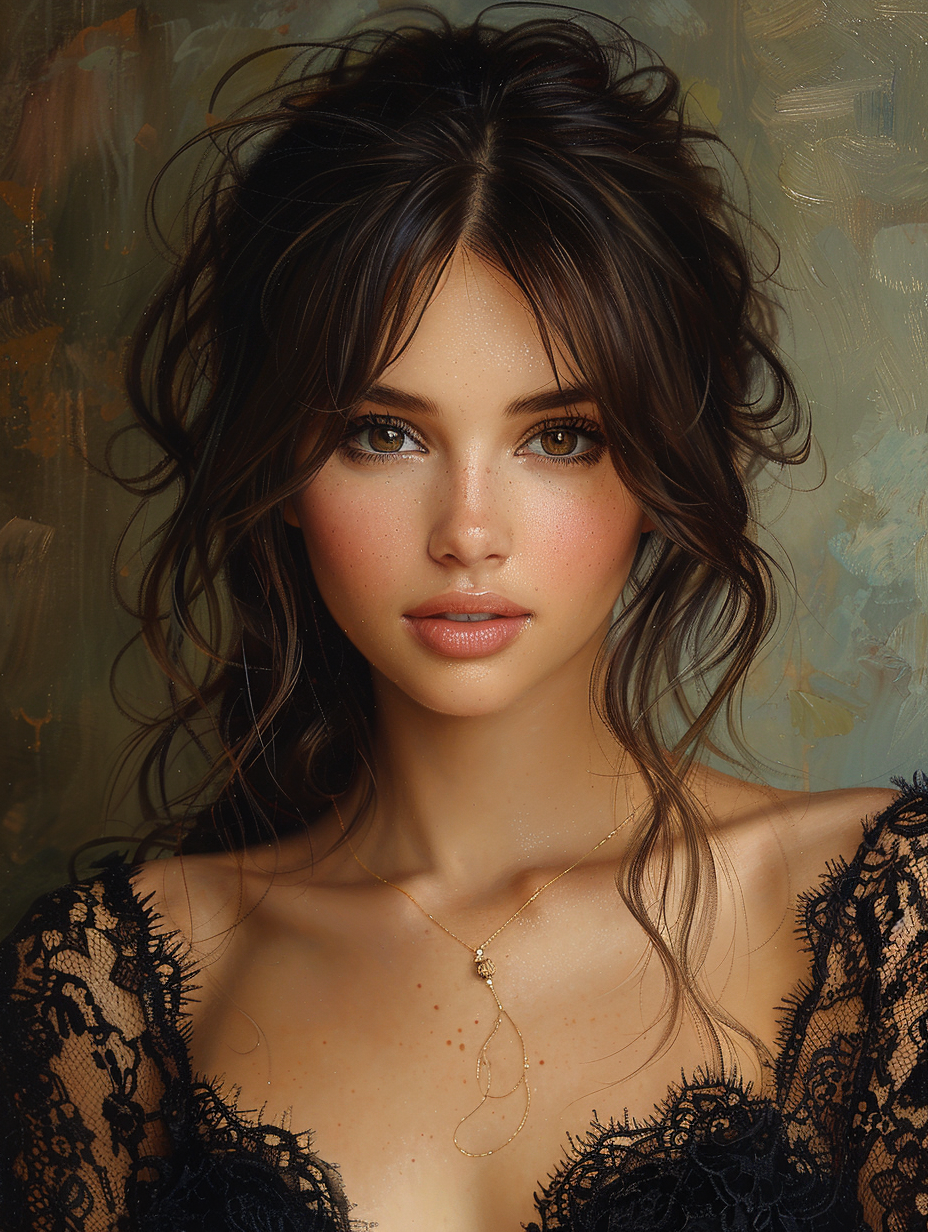 Midjourney prompt: beautiful girl in black lace dress, brown hair, br... - Midjourney