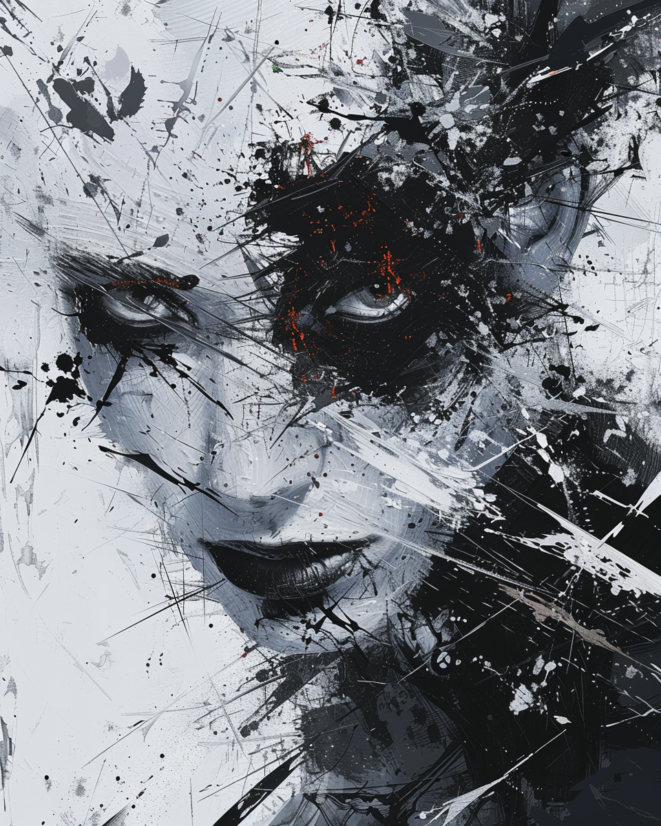 AI generated: Midjourney prompt: An abstract female portrait with paint splashes, i... (Midjourney - Portraits)