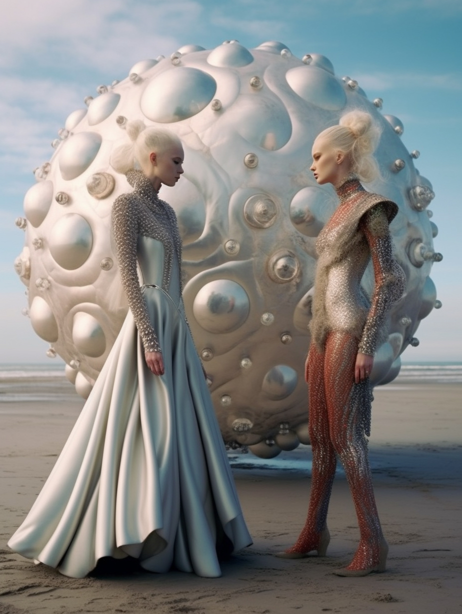 AI generated: Midjourney prompt: a couple of women standing next to each other on a... (Midjourney - Fashion)
