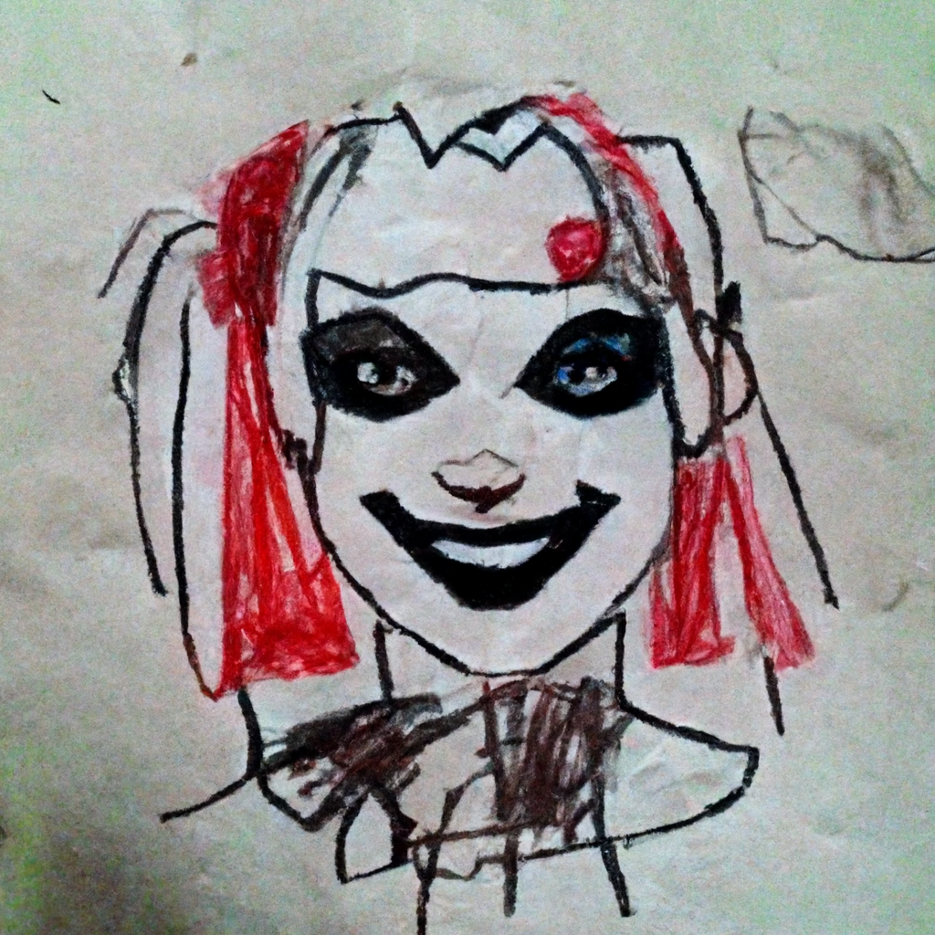 Bad Drawi Midjourney prompt: Harley Quinn, sketch, really bad drawi...