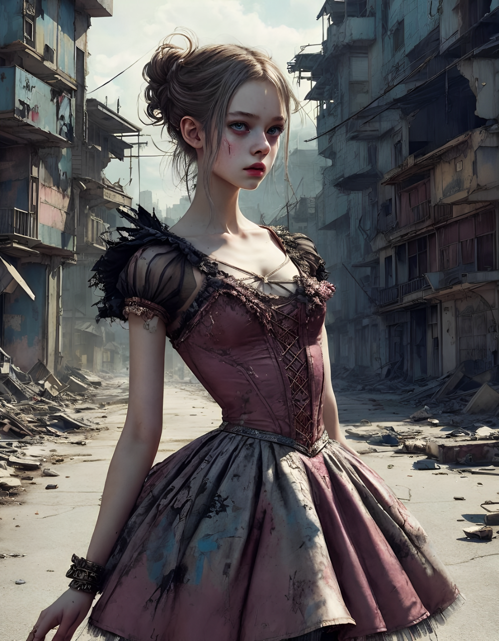 AI generated: Stable Diffusion prompt: ballerina girl in ballet, grunge outfit, apocalypt... (Stable Diffusion - Concept Art)