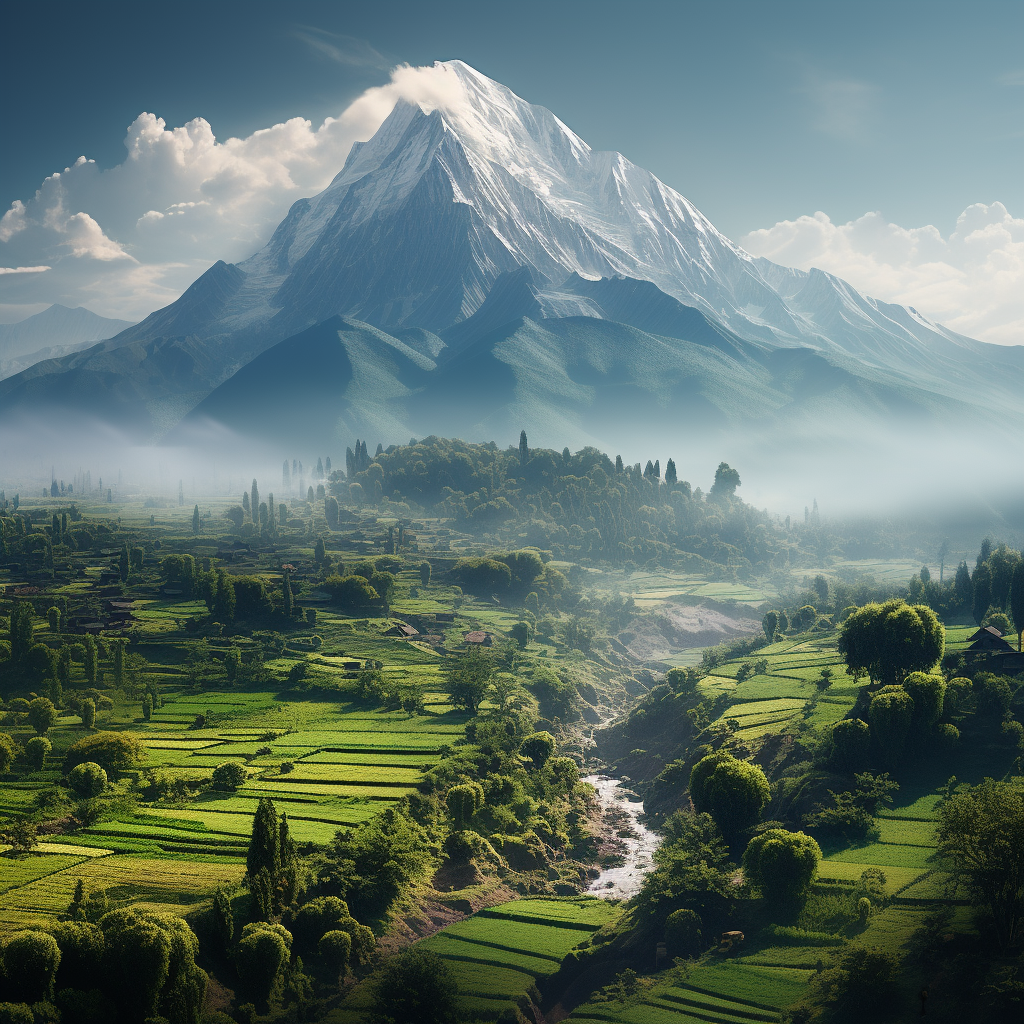 Midjourney prompt: small Mountain in the middle of a beautiful farml... - Midjourney