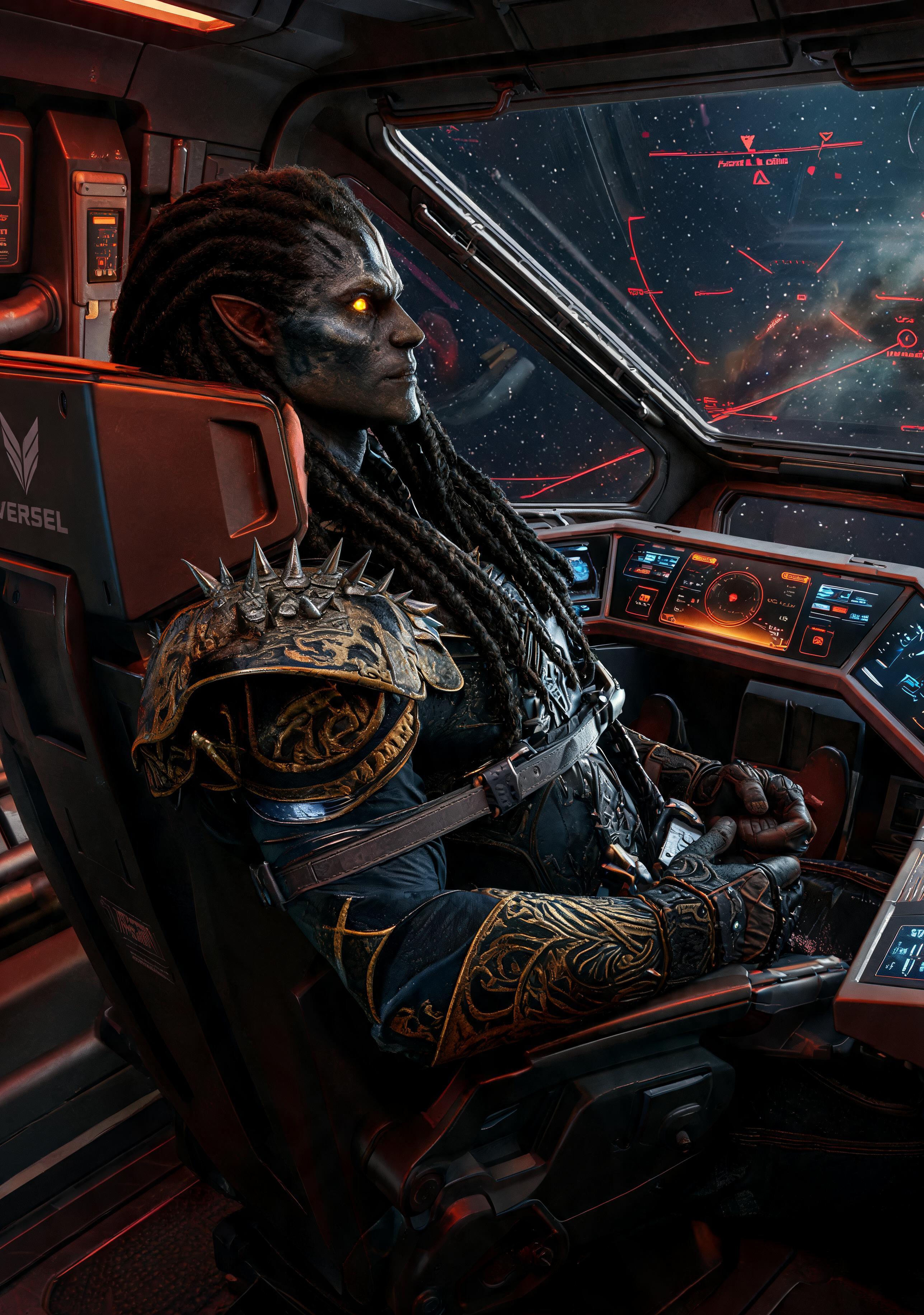 AI generated: Seedream 5 prompt: Dark alien warrior (image 1) strapped into a futur... (Seedream 5 - Concept Art)