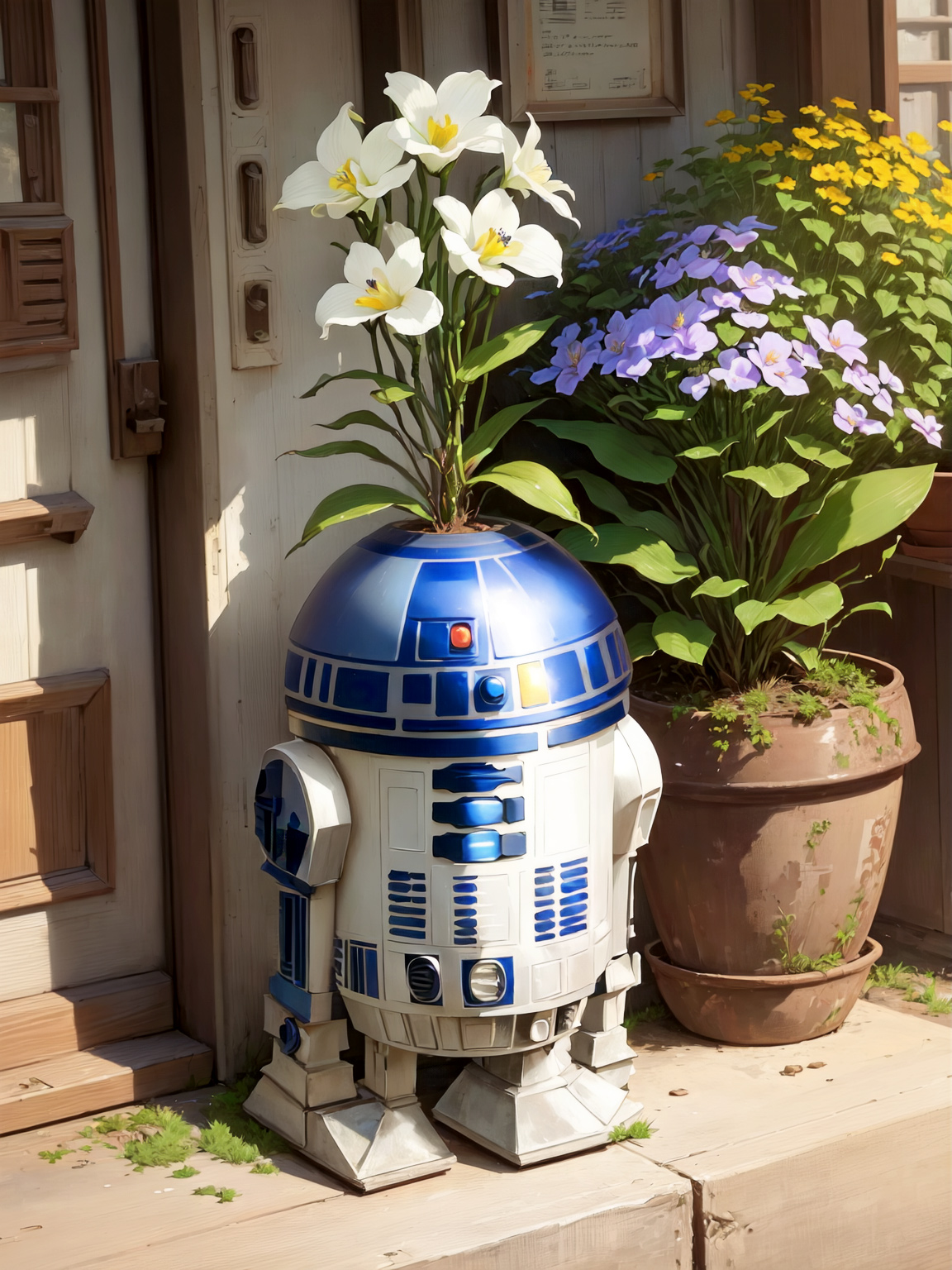 Stable Diffusion prompt: (((R2d2))) flower pot holding or...