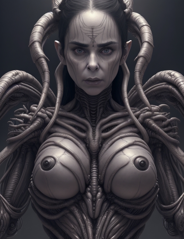 AI generated: Midjourney prompt: Sarah Silverman in the style of HR Giger from the ... (Midjourney - Character Design)