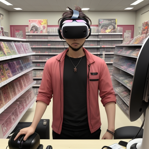 DreamShaper prompt: male anime store owner with vr head s...