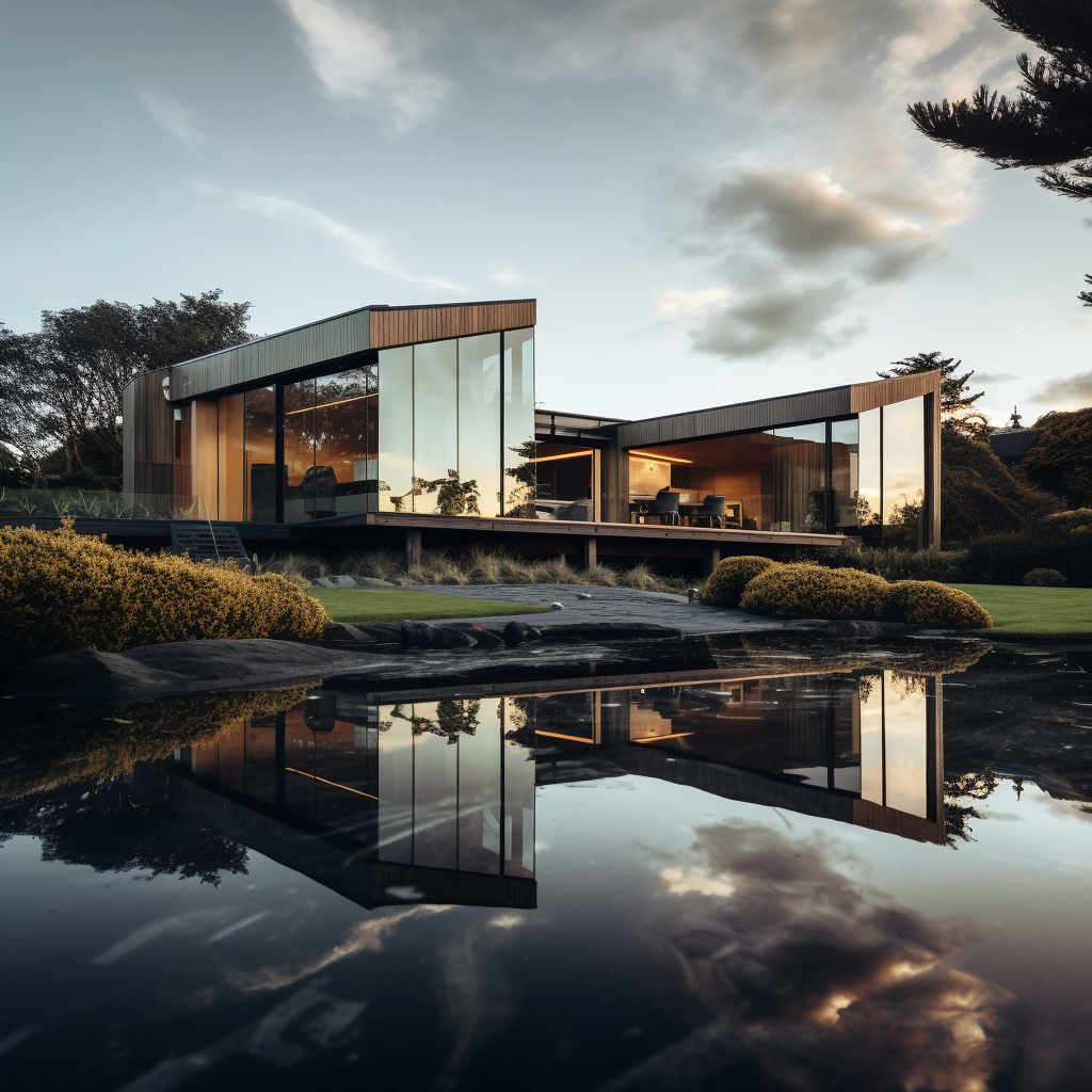 AI generated: Midjourney prompt: lark architects reflect house in new zealand,sunny... (Midjourney - Architecture)