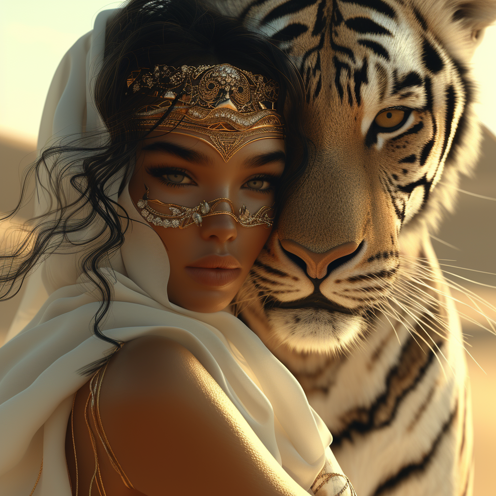 AI generated: Desert princess with Tiger (Midjourney - Portraits)