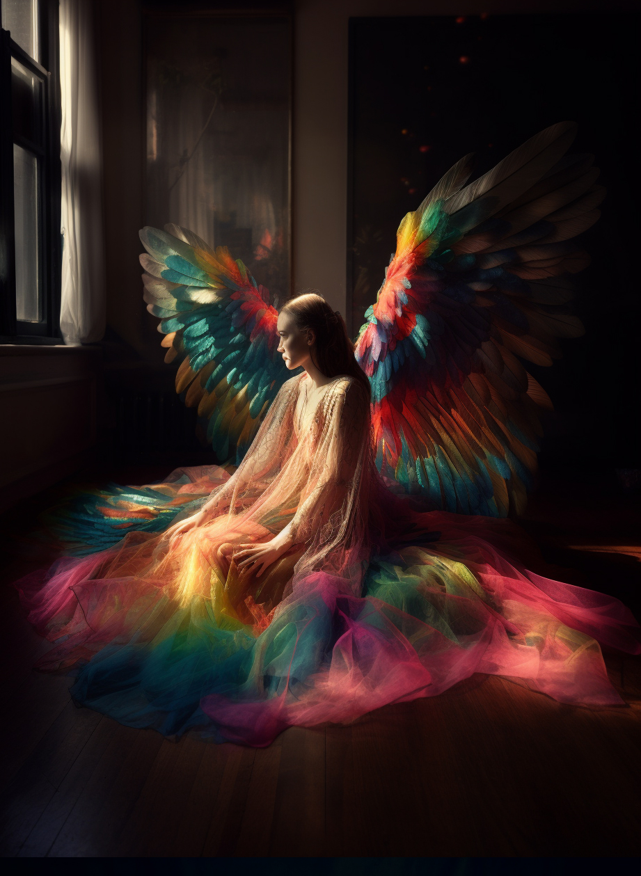 AI generated: Midjourney prompt: a woman in a colorful dress sitting on the ground,... (Midjourney - Fashion)