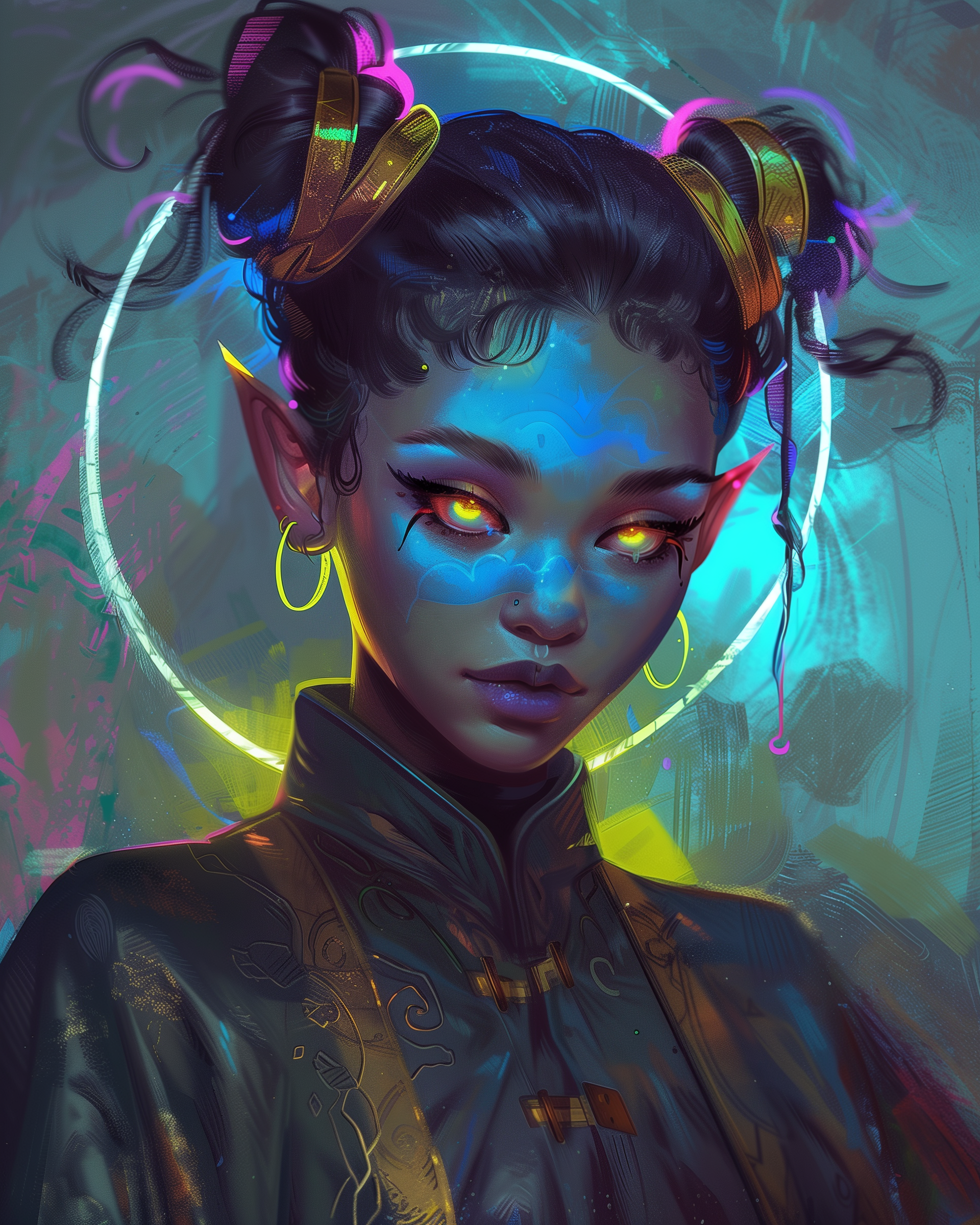 AI generated: Midjourney prompt: A female elf with glowing eyes, pastel rainbow hai... (Midjourney - Portraits)