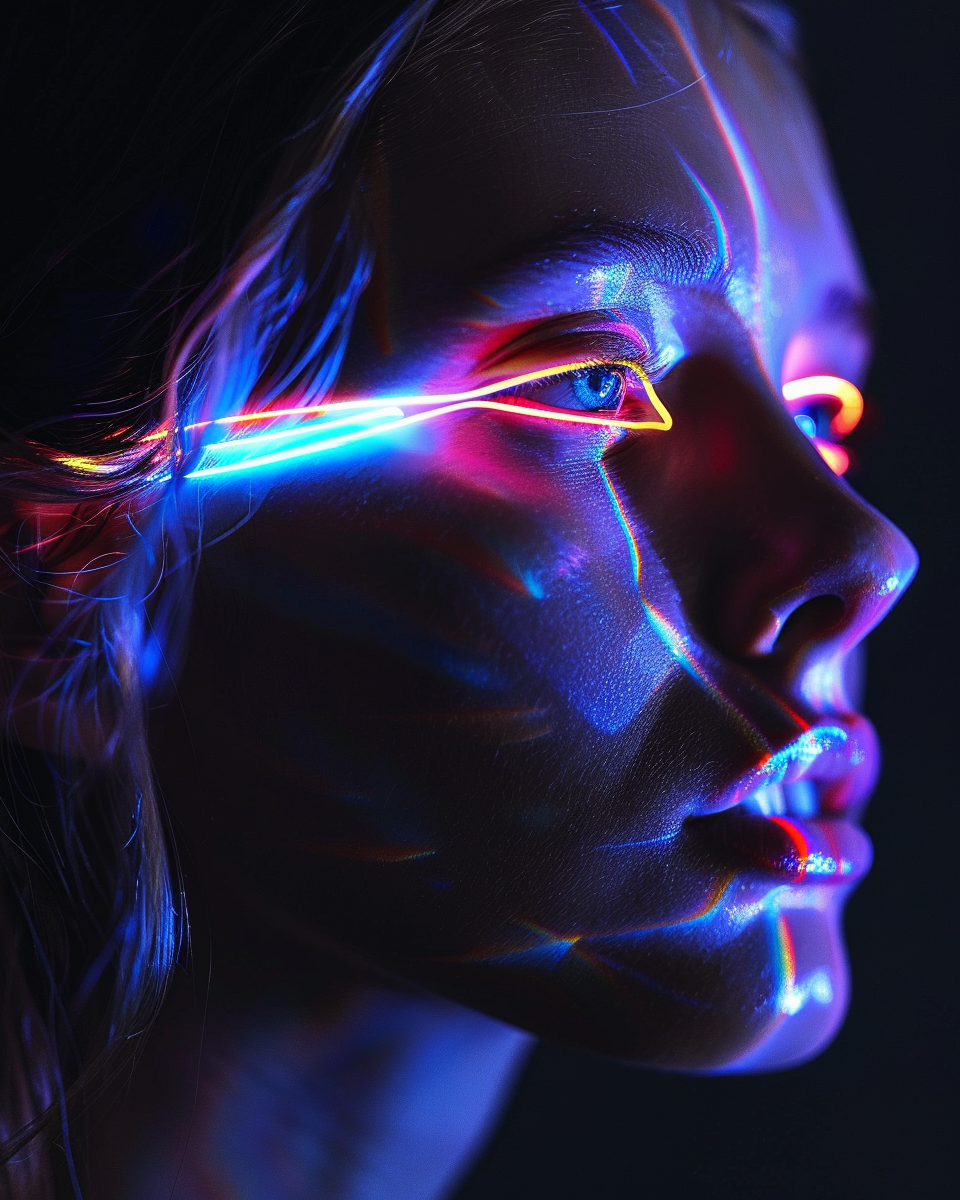 AI generated: Midjourney prompt: A girl with light neon lines coming out of her eye... (Midjourney - Portraits)