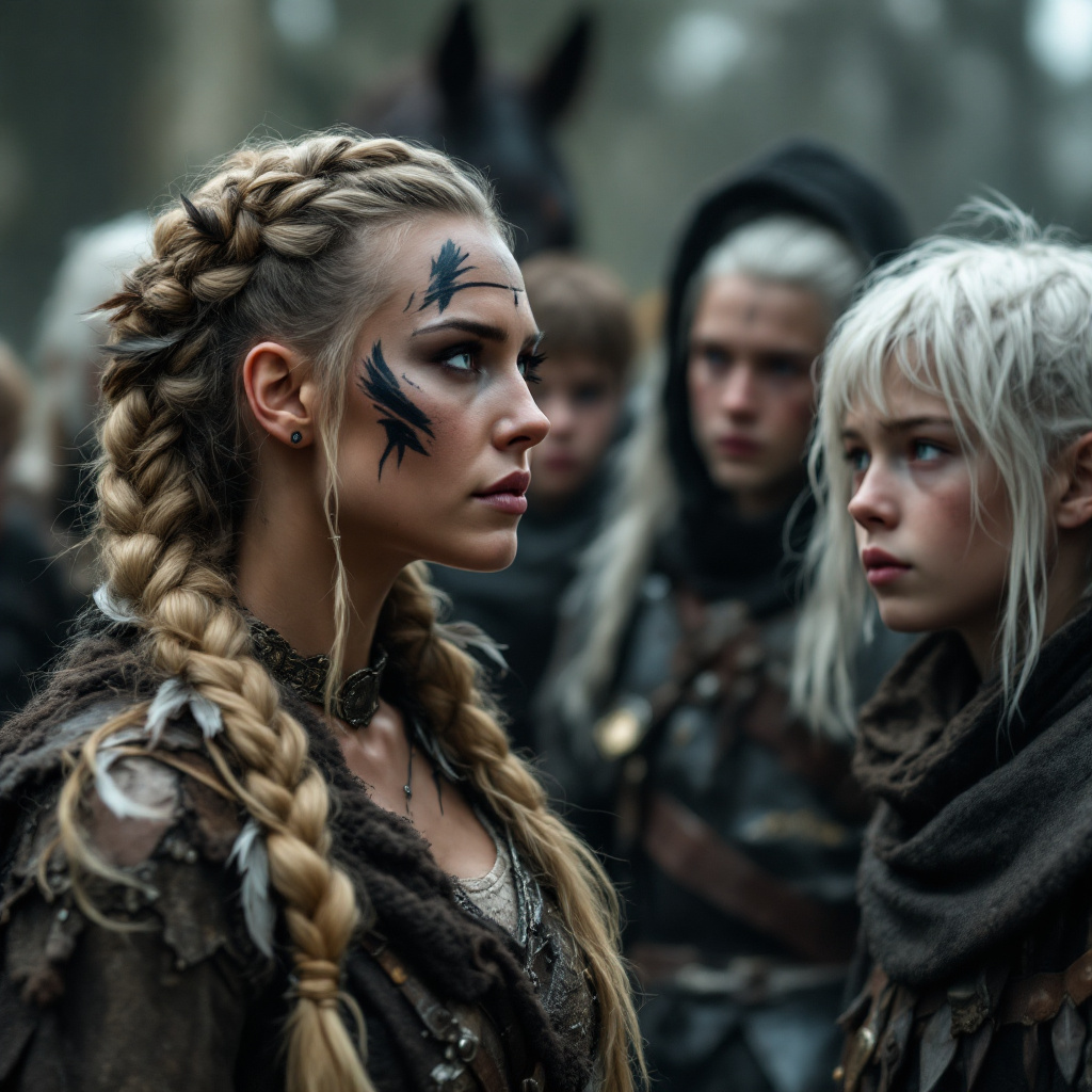 FLUX prompt: a viking warrior woman with braided hair, wa...