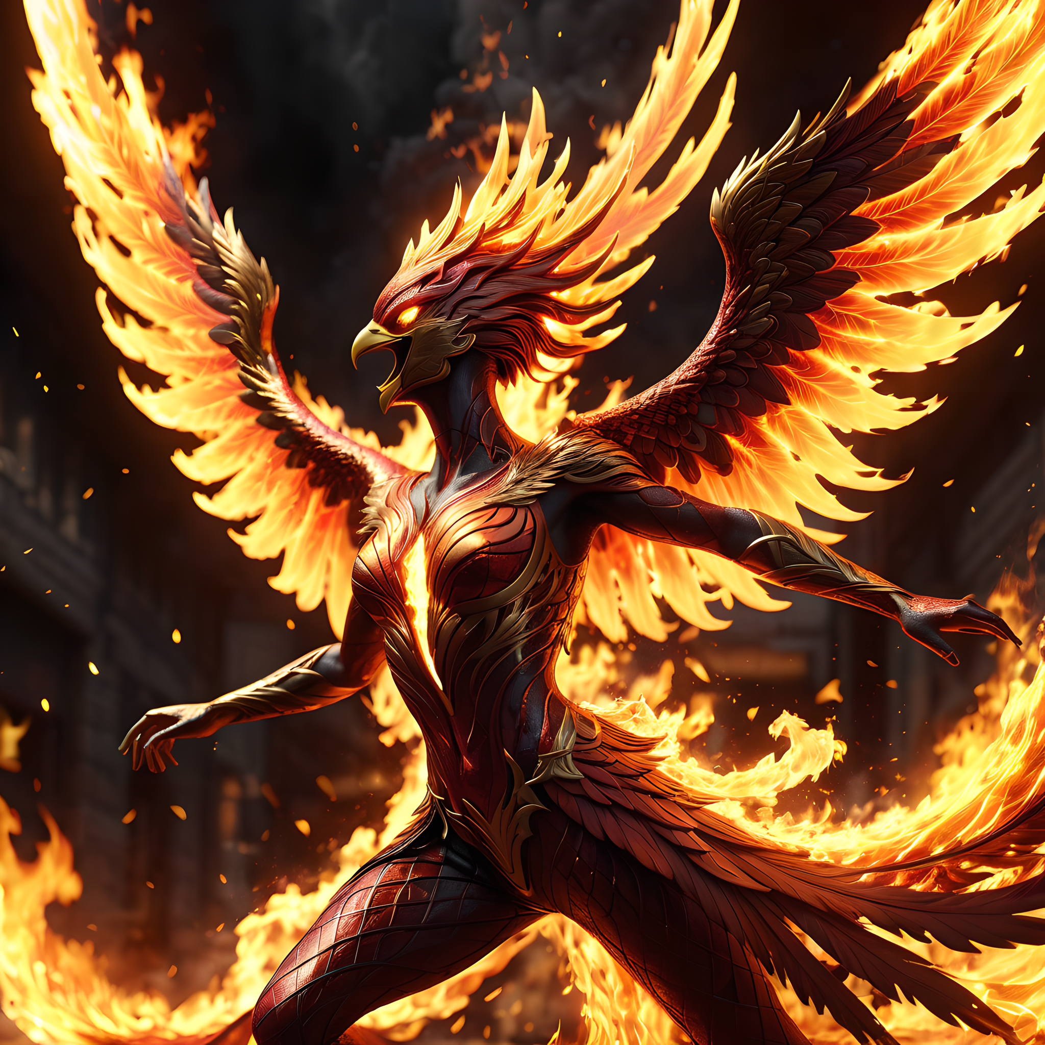 Stable Diffusion prompt: Flames burn in the body of the p...