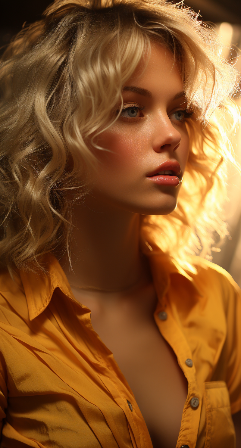 AI generated: Midjourney prompt: blond girl in a yellow shirt is posing in front of... (Midjourney - Portraits)