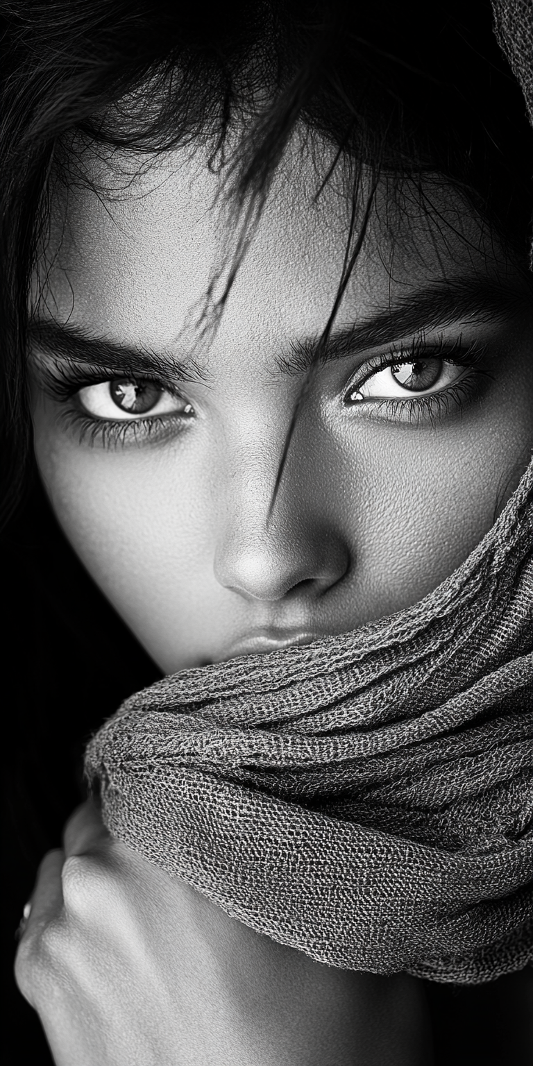 صورة مولدة بالذكاء الاصطناعي: Midjourney prompt: black and white photograph of a woman, in the styl... (نموذج Midjourney - تصوير فوتوغرافي)