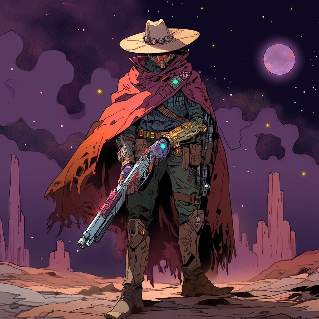 صورة مولدة بالذكاء الاصطناعي: Midjourney prompt: John Wayne as an anime space cowboy like from Cowb... (نموذج Midjourney - أنمي)