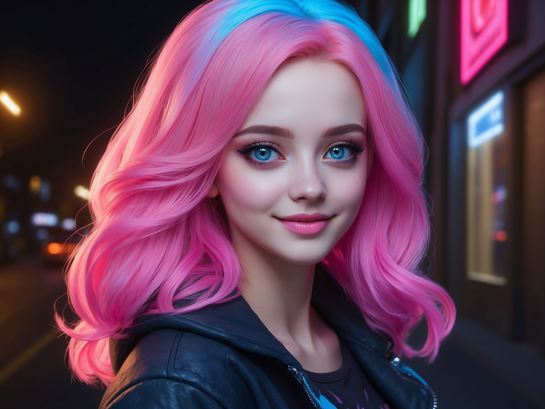 Midjourney prompt: a close up of a person with pink hair,...